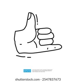 A simple line drawing of a hand making a "shaka" gesture, often associated with a friendly greeting or laid-back attitude.