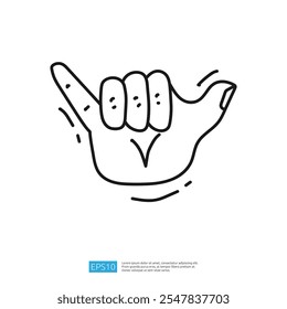 A simple line drawing of a hand making the shaka sign, often associated with Hawaiian culture, conveying a relaxed, friendly gesture.