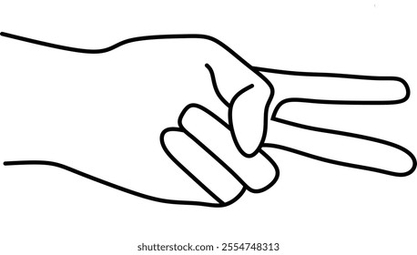 A simple line drawing of a hand making the peace sign. Perfect for minimalist designs and positive concepts.