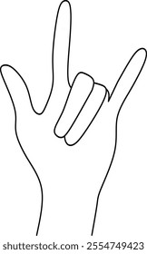 A simple line drawing of a hand making the rock on sign. Perfect for rock music, concerts, and rebellious themes.