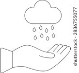 A simple line drawing of a hand open and cupped to catch falling raindrops from a cloud.