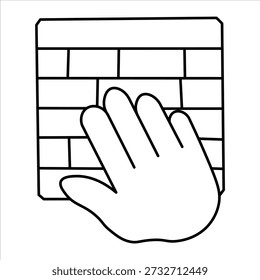 Un simple dibujo de línea de una mano tocando una pared de ladrillo. La mano está abierta con los dedos extendidos, y se coloca en el lado inferior derecho de la pared.