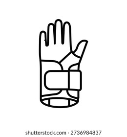Simple line drawing of a hand wearing a wrist brace or splint for support and protection.