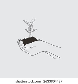 
A simple line drawing of hands cradling a plant sprout with soil, symbolizing growth, environment, or new beginnings.