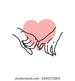 Simple line drawing of hands linking pinky fingers with heart shape behind