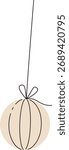A simple line drawing of a hanging ornament with a bow on a string. The spherical decoration features minimalist lines and a delicate ribbon. Cartoon vector illustration.