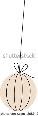 A simple line drawing of a hanging ornament with a bow on a string. The spherical decoration features minimalist lines and a delicate ribbon. Cartoon vector illustration.