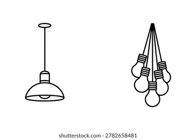 Simple line drawing of hanging pendant light and bulb cluster isolated on transparent background