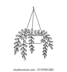 Un simple dibujo de línea de una planta colgante en una maceta redondeada