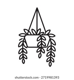 Un simple dibujo de línea de una planta colgante en maceta con follaje