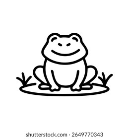 Simple Line Drawing Happy Frog Sitting in Grass amphibian