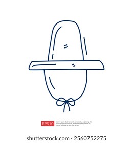 A simple line drawing of a hat with a wide brim, tied at the base, emphasizing a minimalist design.