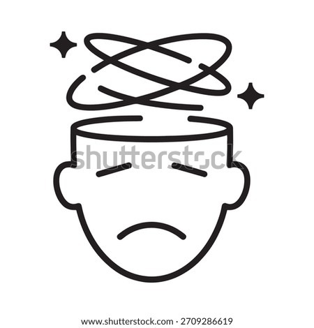 A simple line drawing of a head with closed eyes and a sad expression, showing swirling lines and stars indicating dizziness or confusion.