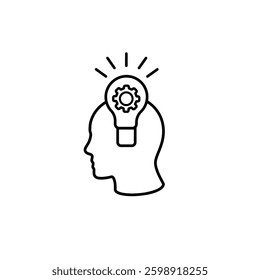 A simple line drawing of a head silhouette with a light bulb and gears inside, showing creativity.