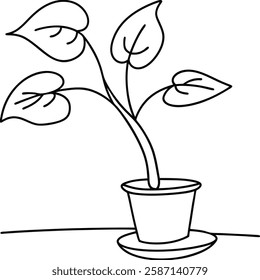 Simple Line Drawing of a Heart Leaf Houseplant in a Pot