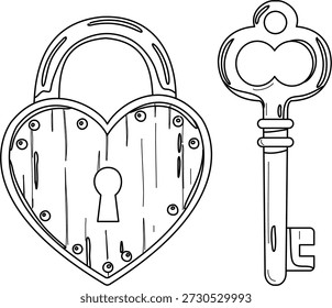 Un dibujo de línea simple de un candado en forma de corazón junto a una llave antigua