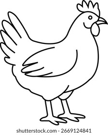 Simple line drawing of a hen standing on a white background