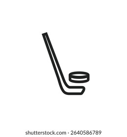 A simple line drawing of a hockey stick and puck, positioned ready for a game.  The image is clean and minimalist.