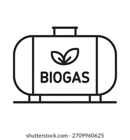 Eine einfache Strichzeichnung eines horizontalen Speichertanks mit der Bezeichnung BIOGAS, mit einem grünen Blattsymbol, das eine nachhaltige Energieerzeugung darstellt.