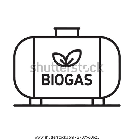 A simple line drawing of a horizontal storage tank labeled BIOGAS, featuring a green leaf icon, representing sustainable energy production.