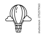 a simple line drawing of a hot air balloon soaring through the air with two fluffy clouds on either side, the balloon is outlined in black and has a basket underneath, the background is plain white