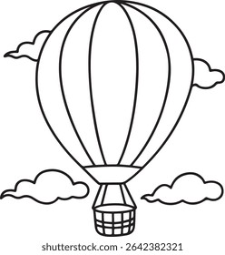A simple line drawing of a hot air balloon floating among clouds.  Perfect for children's books, coloring pages, or whimsical designs.