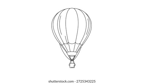 Um simples desenho em linha de um balão de ar quente sobre um fundo branco plano. A ilustração captura a essência da viagem, aventura e a alegria do voo. Adequado para colorir páginas,
