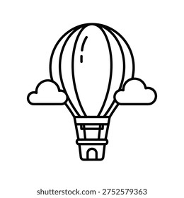 a simple line drawing of a hot air balloon soaring through the air with two fluffy clouds on either side, the balloon is outlined in black and has a basket underneath, the background is plain white