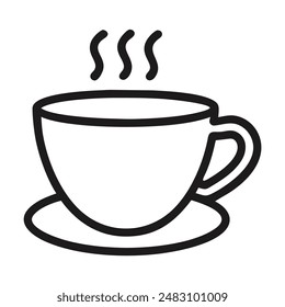 A simple line drawing of a hot cup of coffee on a saucer. Vector illustration