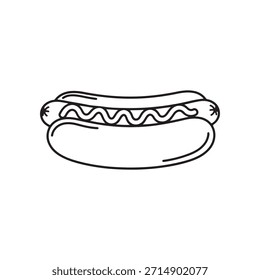 Um simples desenho de linha de um cachorro-quente com condimentos ondulados em um pão