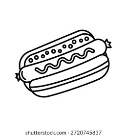 Desenho de linha simples de cachorro-quente com mostarda ketchup em pão