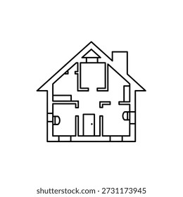 Desenho de linha simples de uma planta de casa com quartos e chaminé