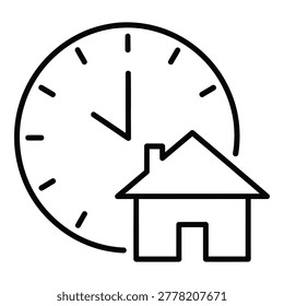Simple line drawing of house in front of clock face icon