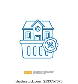 Un simple dibujo de línea de una casa dentro de una cesta de la compra, con un signo porcentual, que sugiere una venta o descuento en bienes raíces.