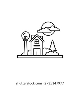 Simple line drawing of a house with a lighthouse and trees under a sunny sky with clouds