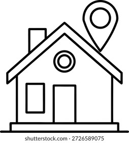 Dibujo de línea simple de una casa con un pin de ubicación en el techo que simboliza una casa o ubicación de la propiedad