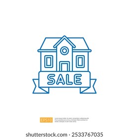 A simple line drawing of a house with a "SALE" banner, indicating that the property is available for purchase.