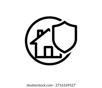 Un simple dibujo de línea de una casa con un escudo, que representa la seguridad y protección del hogar