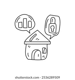 A simple line drawing of a house with speech bubbles containing a graph and a padlock, symbolizing data and security in a home context.