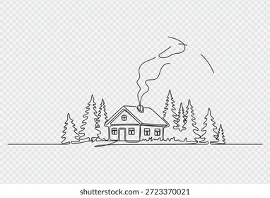 Um simples desenho em linha de uma casa cercada por árvores, com fumaça saindo da chaminé, criando uma atmosfera acolhedora em um cenário de floresta.