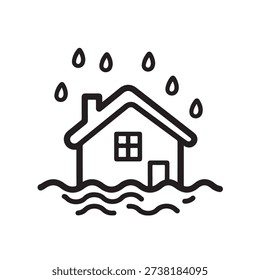 Simple line drawing of a house surrounded by floodwaters and rain
