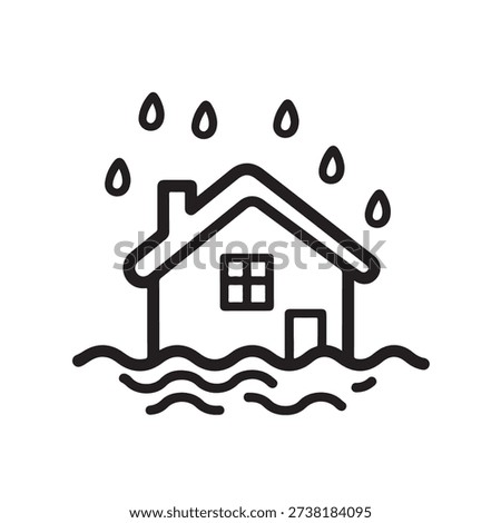 Simple line drawing of a house surrounded by floodwaters and rain