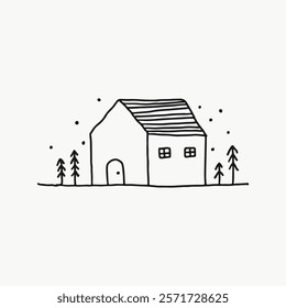 Simple line drawing of a house with trees. Minimalist design featuring a house and trees. Black and white sketch of a house and trees. Simple black line art doodle vector.