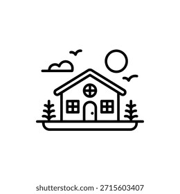 Simple line drawing of a house with trees and sun