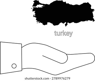 A simple line drawing of a human hand extended, palm up, with a silhouette of the country of Turkey above it.