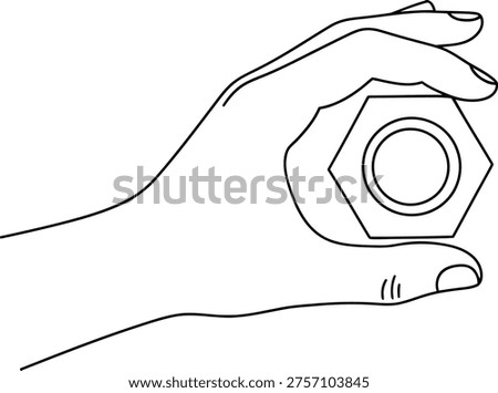A simple line drawing of a human hand grasping a large hexagonal nut between thumb and fingers