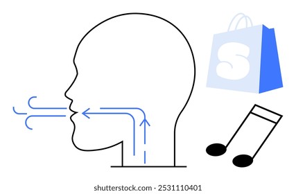 Simple line drawing of a human head with arrows illustrating breath flow, a blue shopping bag with letter S, and a musical note. Ideal for health, shopping, music, education, design. Minimalist style