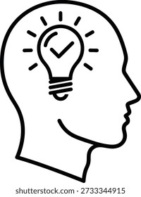 A simple line drawing of a human head in profile with a lightbulb containing a checkmark inside, symbolizing a great idea or innovation
