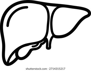 Um simples desenho em linha de um fígado humano em preto sobre um fundo branco puro, mostrando sua forma e estrutura distintiva com curvas e linhas suaves