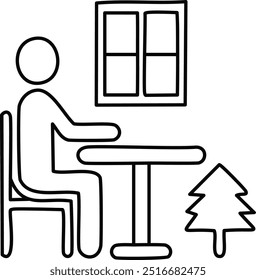 A simple line drawing human sitting on a chair and doing activity